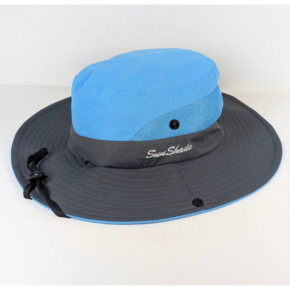 Sun Shade Bucket Hat Blue Gray Womens Ponytail Hole Back Beach Vacation